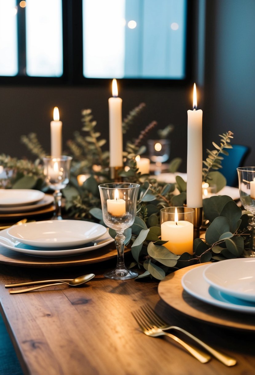 A table set with eucalyptus branches and candles casting soft, warm light