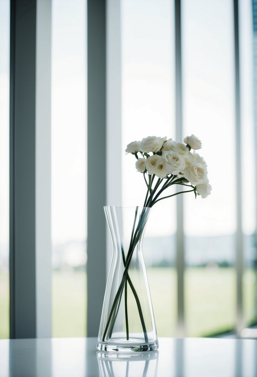 A sleek, transparent glass vase holds a minimalist wedding bouquet, set against a clean, modern backdrop