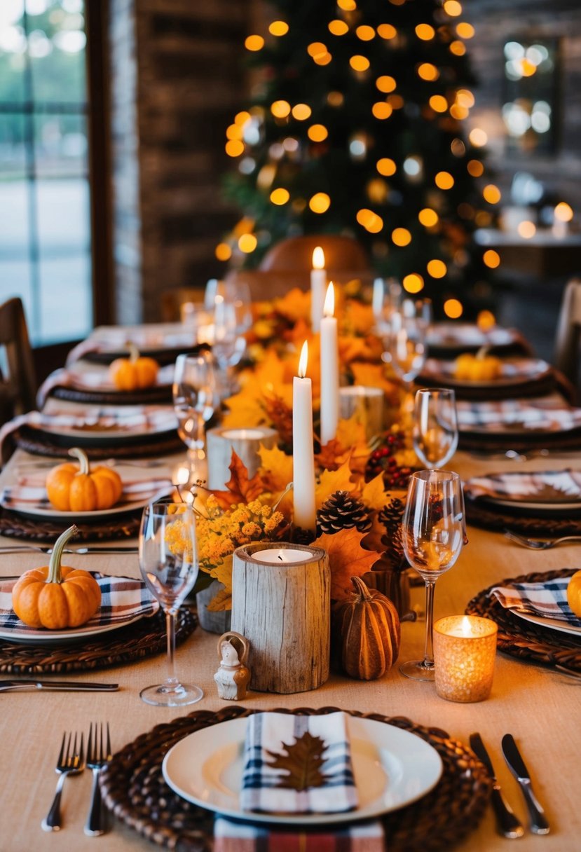 Plaid linens cover a table set with autumn-themed decor, surrounded by rustic centerpieces and warm candlelight