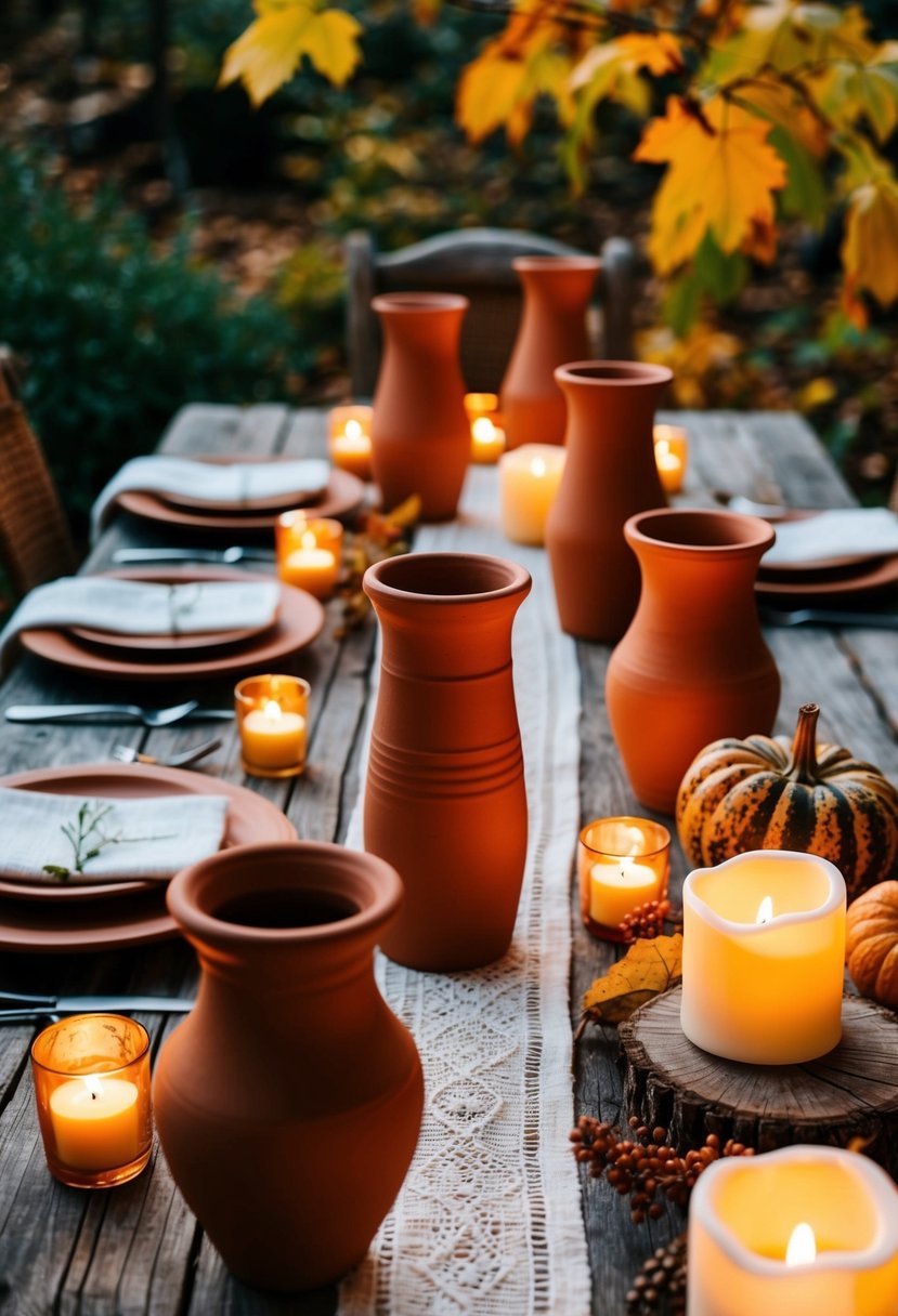 Terracotta vases, candles, and table runners adorn a rustic wooden table, surrounded by autumn foliage and warm candlelight