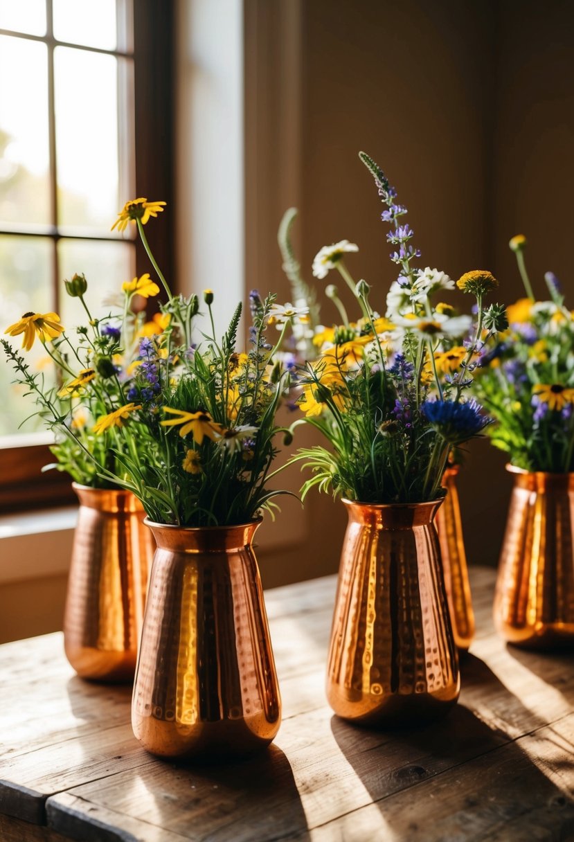 Copper vases filled with wildflowers on a wooden table, bathed in warm sunlight streaming through a window