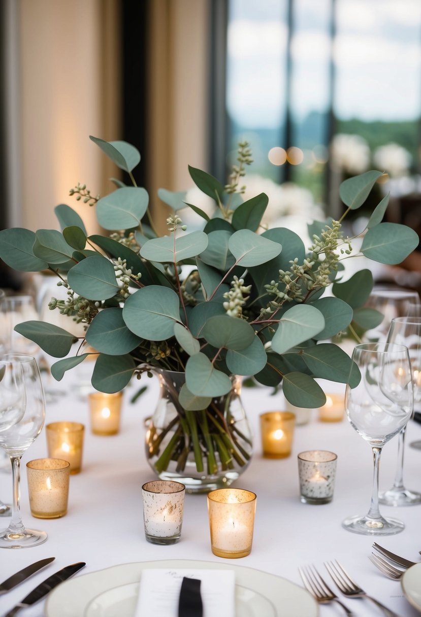 A table adorned with silver dollar eucalyptus, adding a classic touch to the wedding decor