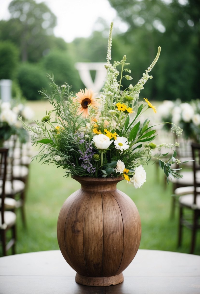 A rustic wooden vase filled with wildflowers and greenery, set against a backdrop of a serene outdoor wedding ceremony