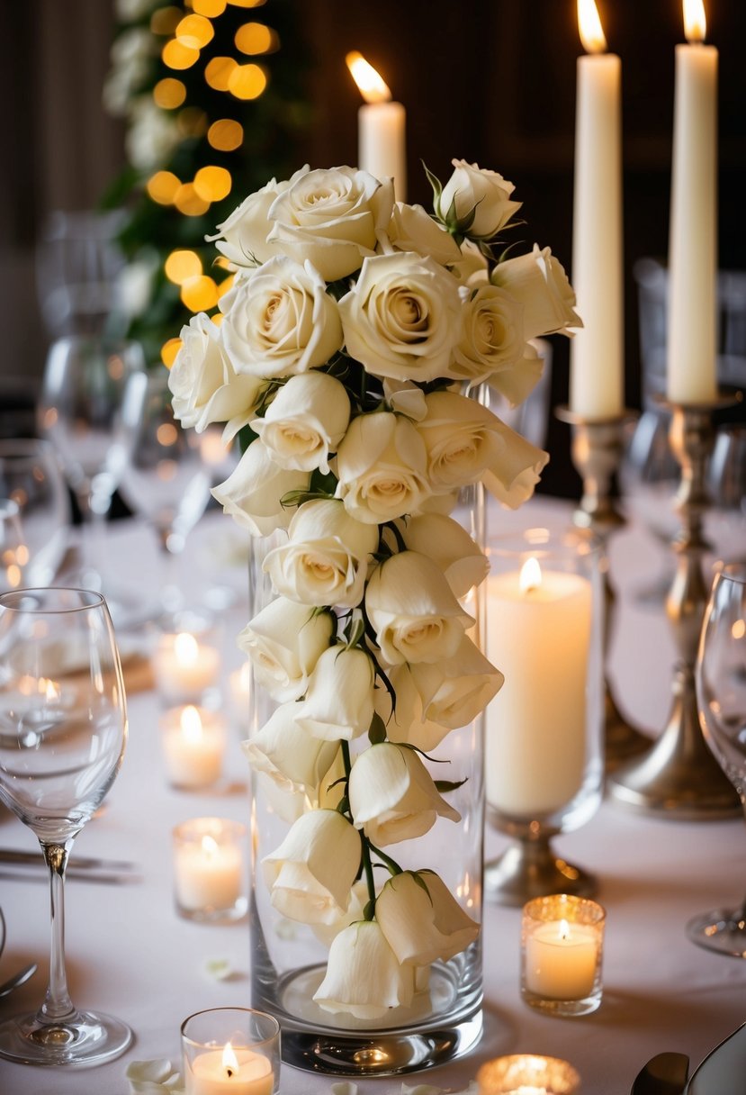 Ivory rose petals cascade from a wedding table centerpiece, surrounded by flickering candlelight and delicate glassware