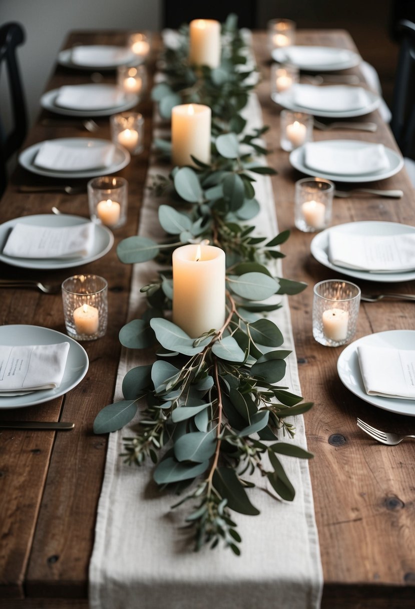 A table runner made of eucalyptus and olive branches laid across a rustic wooden table, with soft candlelight casting a warm glow