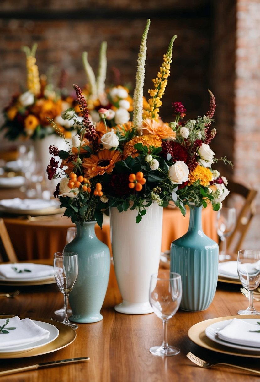 Floral centerpieces in varied vases adorn fall wedding tables