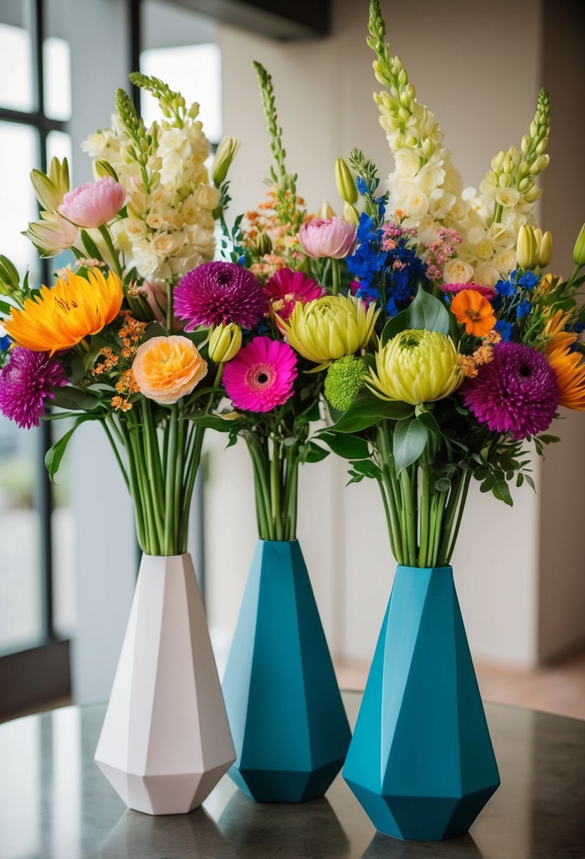 Geometric vases filled with vibrant flowers arranged in a modern, artistic display for a wedding bouquet