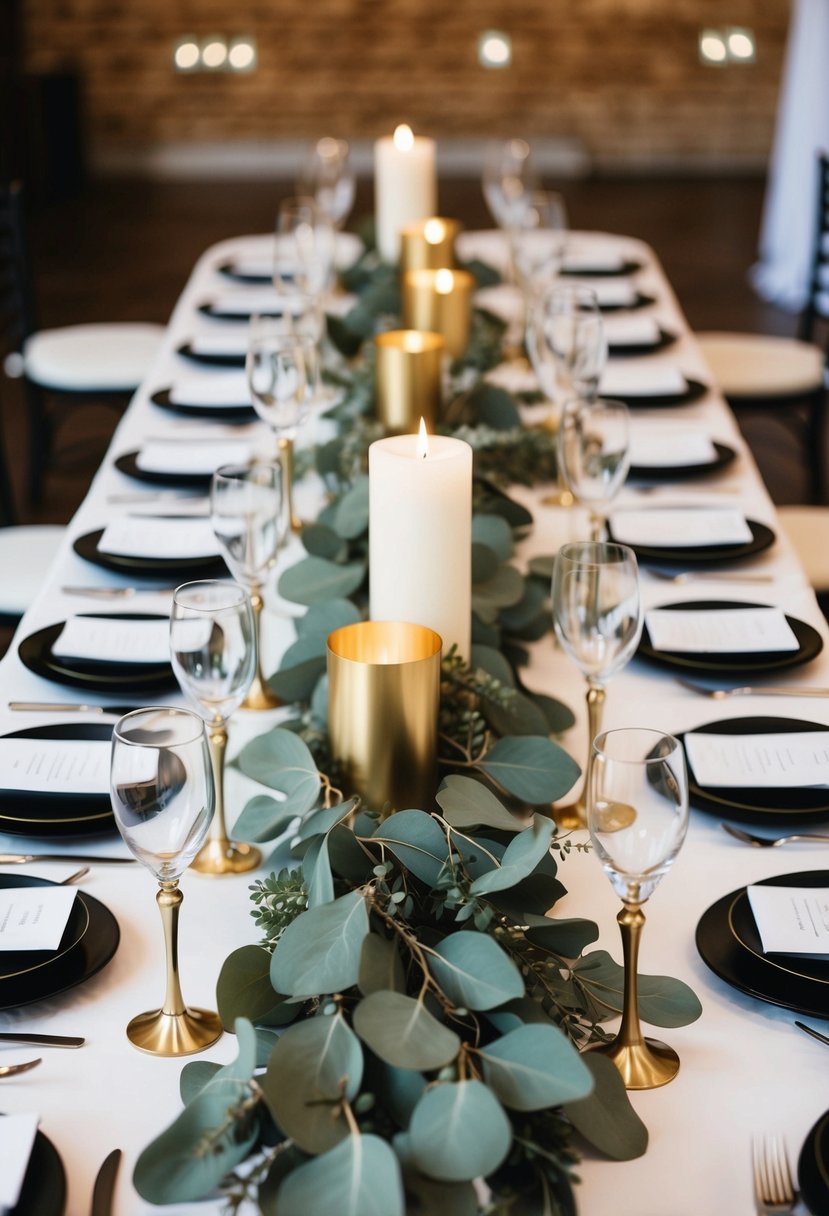 A table adorned with eucalyptus garlands and gold candle holders, creating a chic and elegant wedding centerpiece