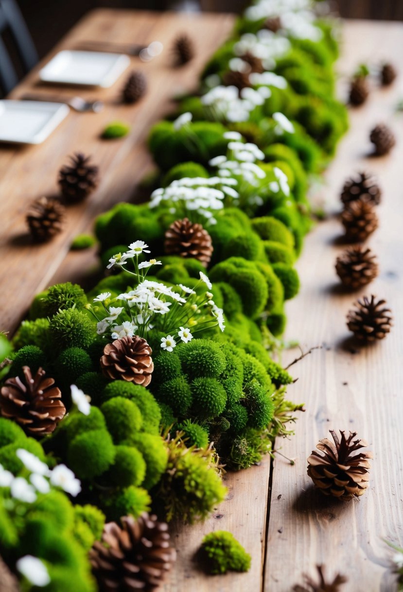 Green moss adorns a rustic wooden table, intertwined with small white flowers and scattered pinecones, creating a natural and earthy touch for a fall wedding centerpiece