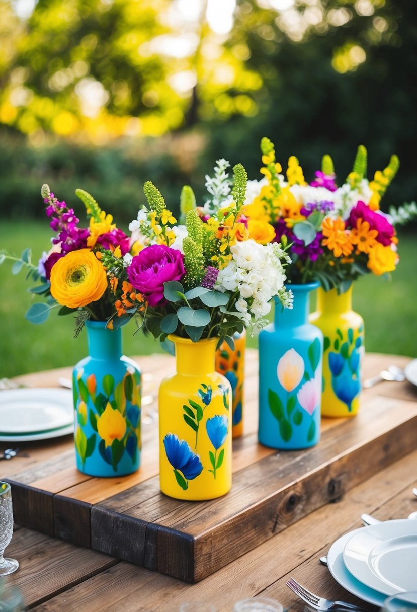 A rustic wooden table adorned with colorful hand-painted vases filled with vibrant wedding bouquets