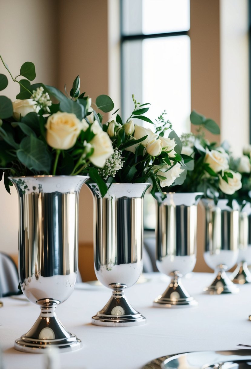 Silver metal vases arranged with modern wedding bouquets