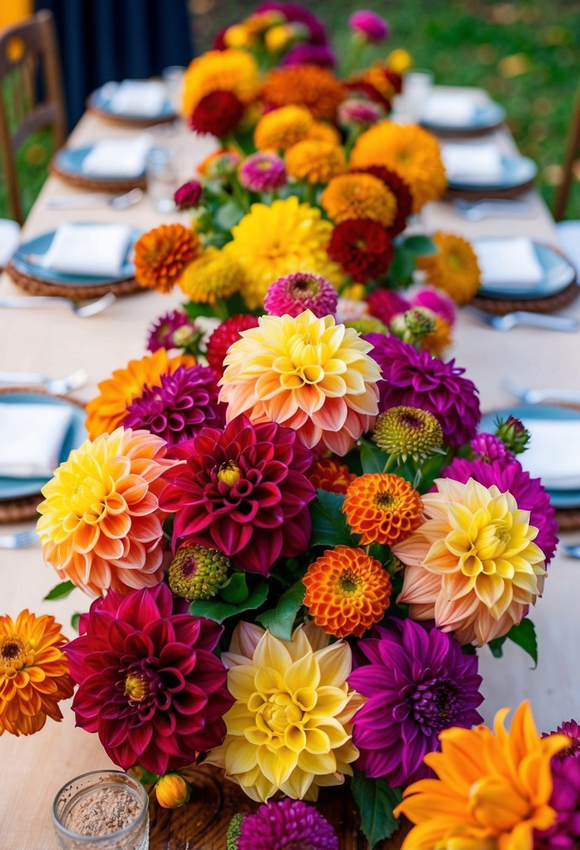 A table adorned with vibrant dahlias and zinnias in various hues, creating a colorful and festive fall wedding centerpiece