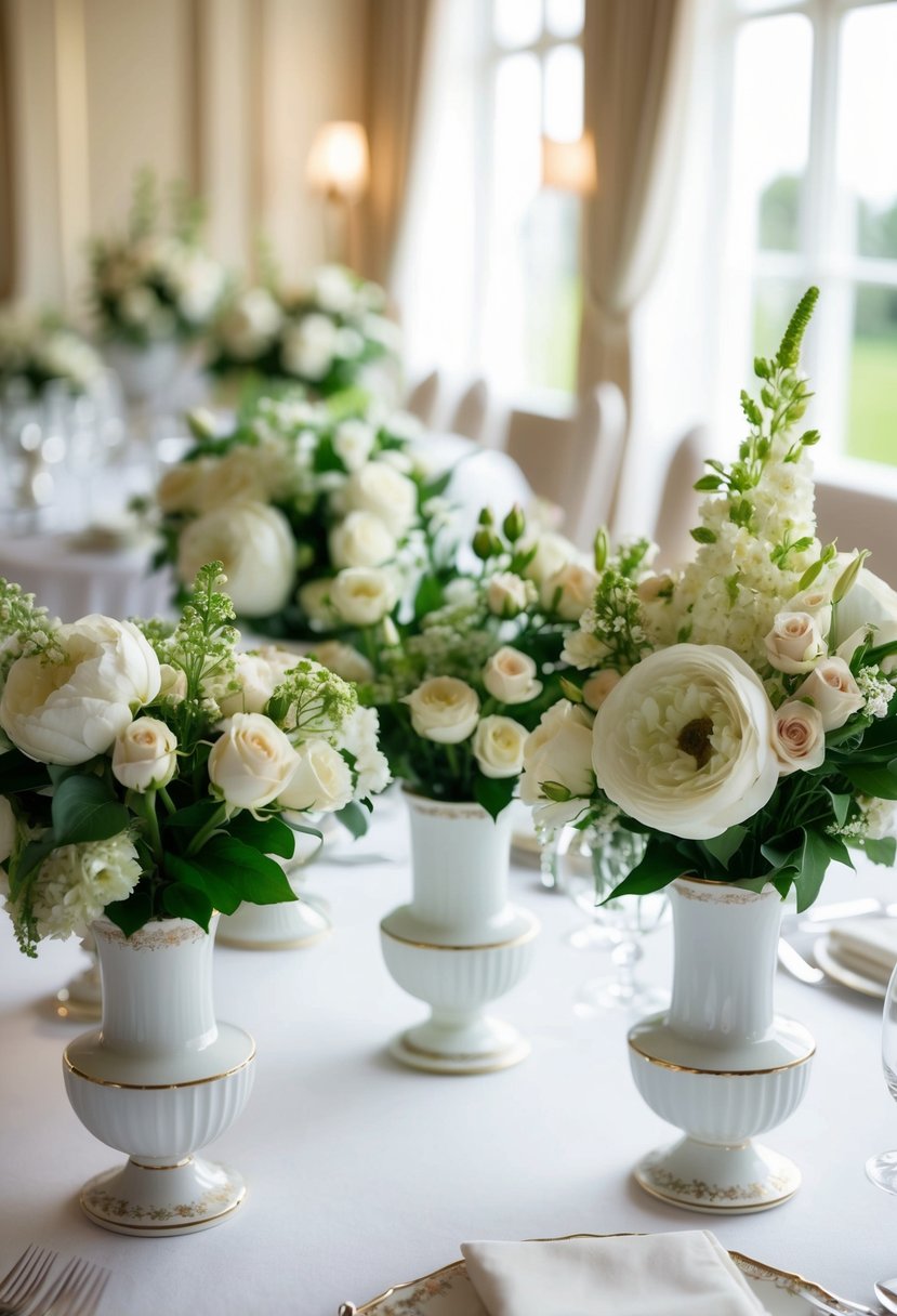 A table adorned with delicate porcelain vases filled with lush wedding bouquets, creating an atmosphere of timeless elegance