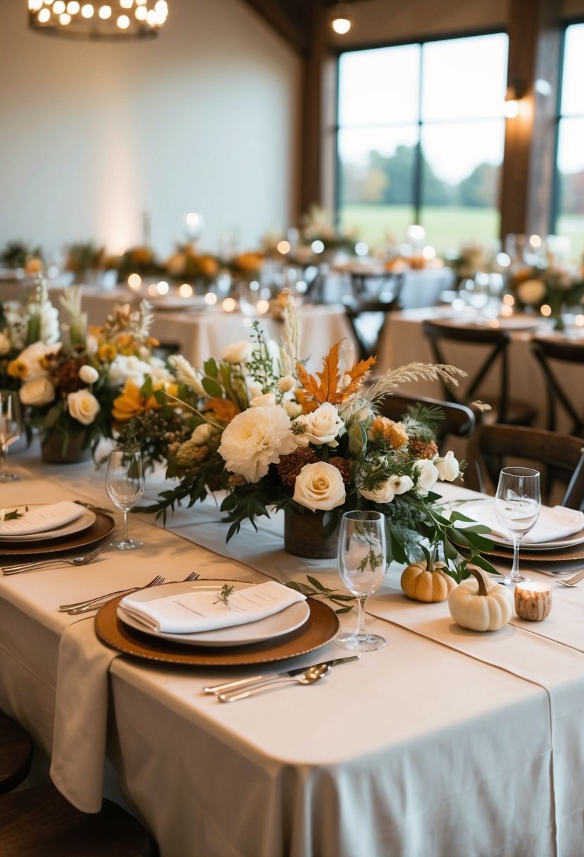 A table adorned with crisp linen, adorned with delicate floral arrangements and rustic accents for a fall wedding