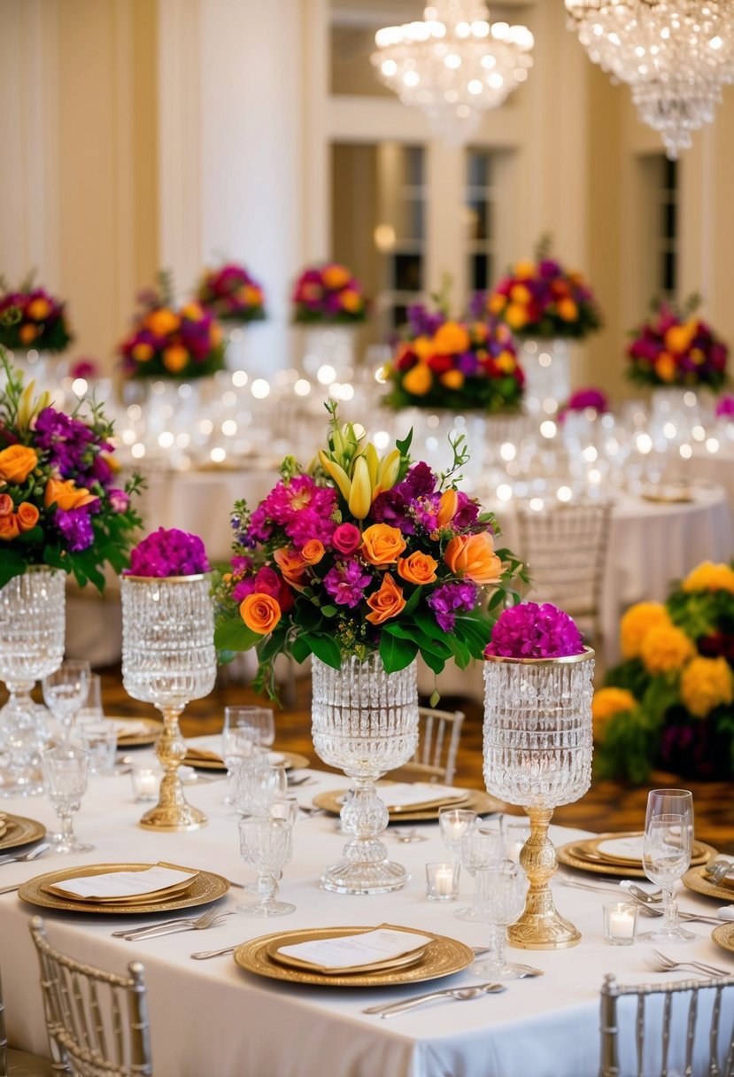 A table adorned with sparkling crystal vases filled with vibrant floral arrangements, creating a luxurious and dazzling display