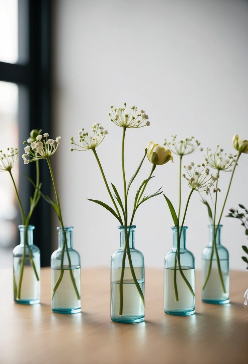 A table with a collection of bud vases, each holding a single stem of delicate flowers in a minimalist arrangement