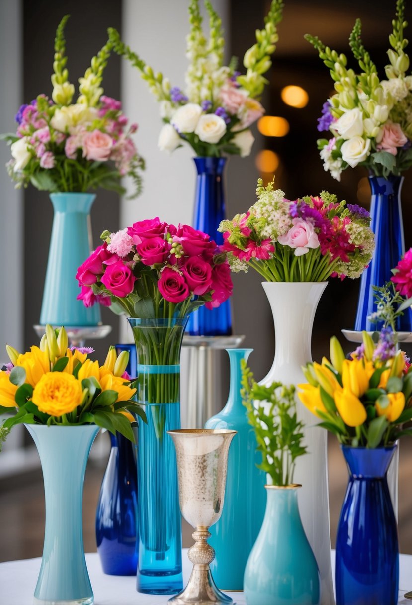 A collection of vases in different heights and styles, filled with vibrant wedding bouquets, arranged on a table for a visually captivating display