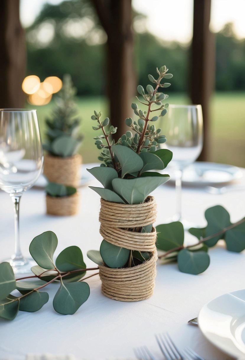 Eucalyptus twisted into elegant napkin rings adorning a wedding table