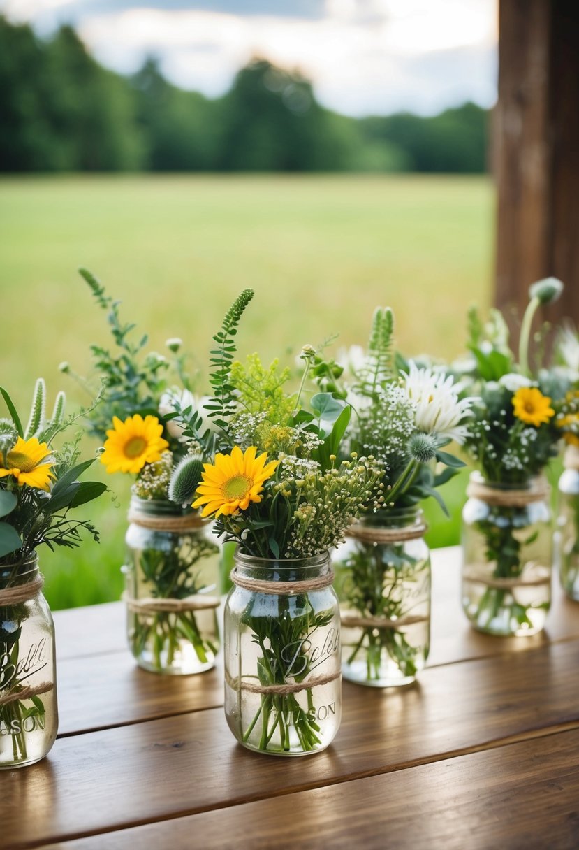 Mason jars filled with wildflowers and greenery adorn a wooden table, creating a rustic and charming wedding bouquet display