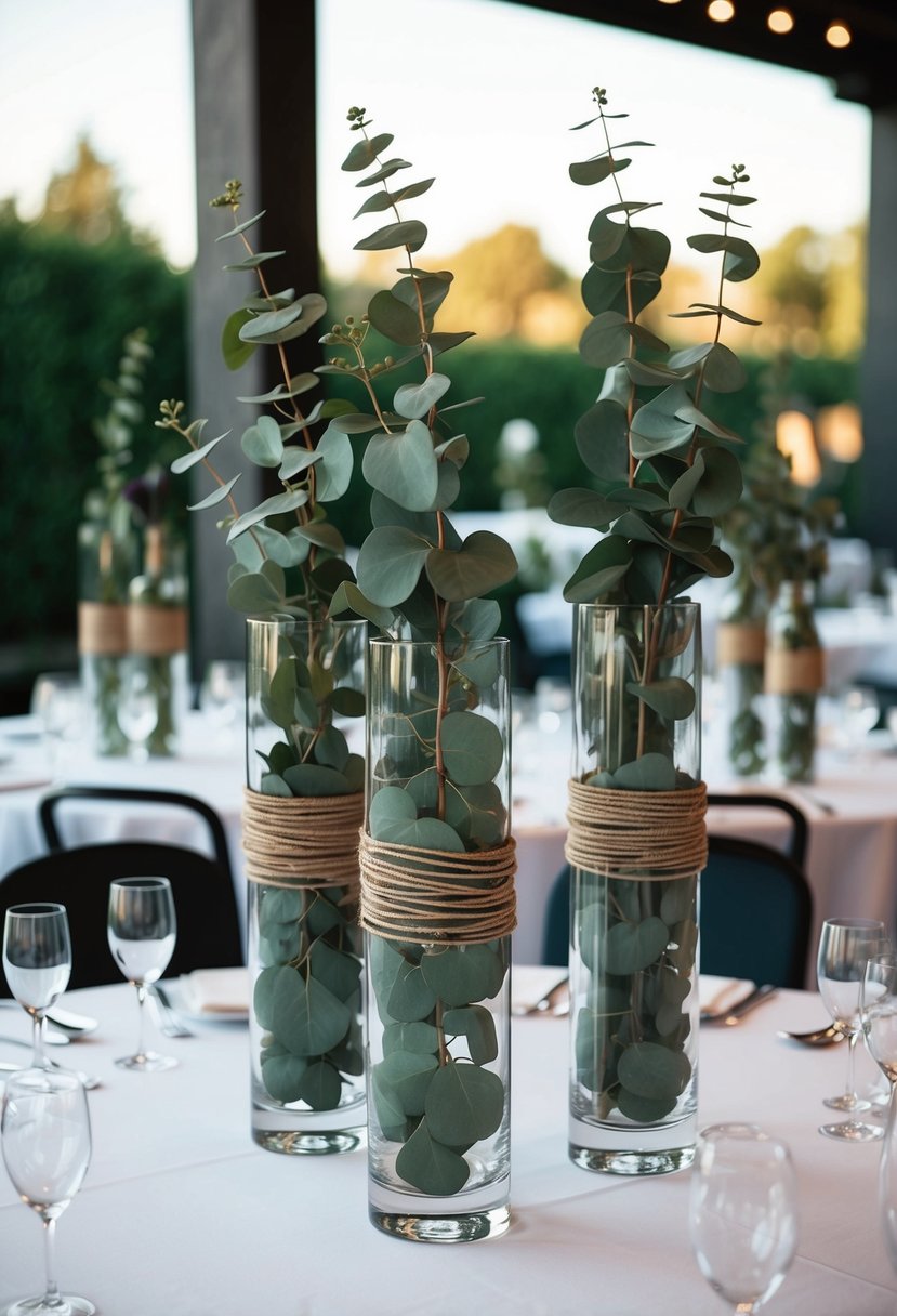 Tall glass vases wrapped with eucalyptus leaves on a wedding table