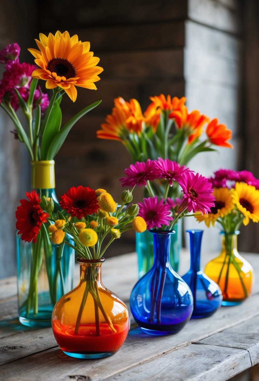 Colorful glass vases filled with vibrant flowers arranged on a rustic wooden table