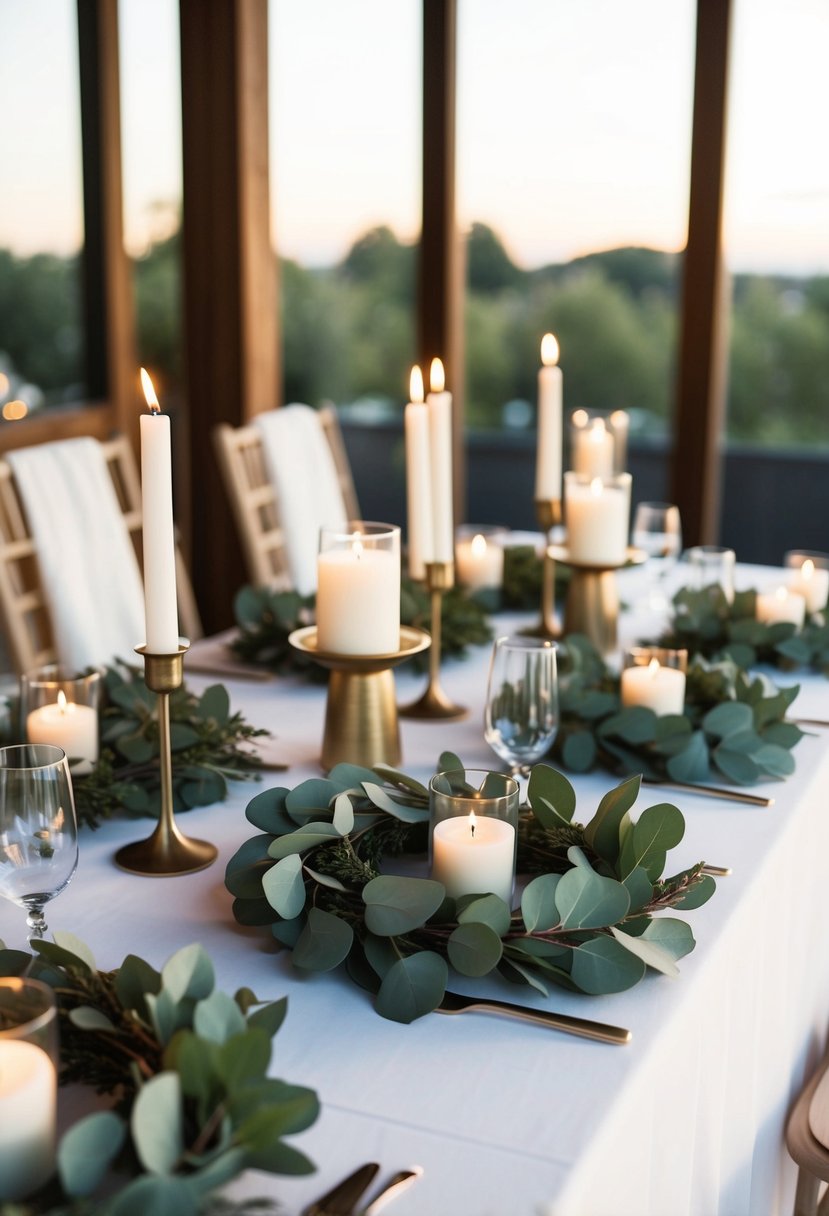 A table adorned with eucalyptus wreaths and candles, creating a natural and elegant wedding decoration