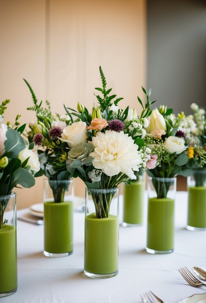 A table set with short vases filled with floral foam. Each vase holds an intricate wedding bouquet with various flowers and greenery