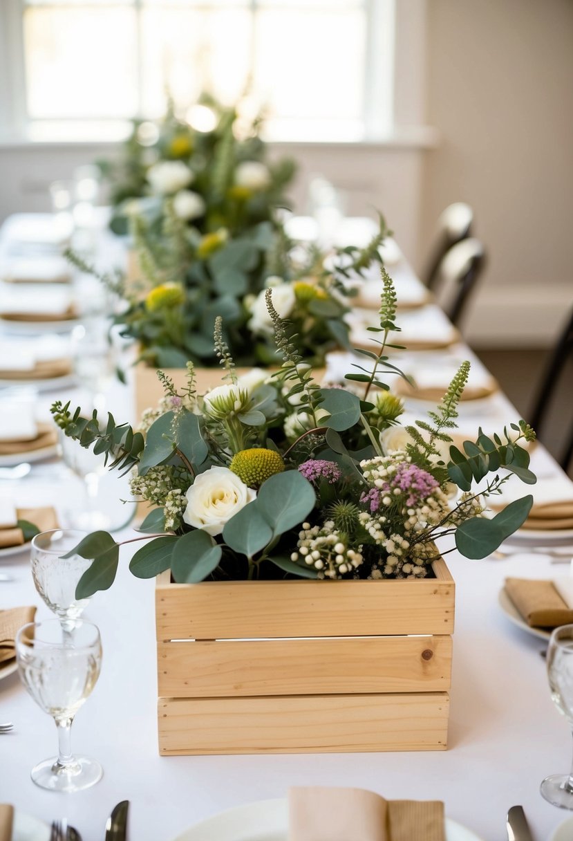 Wooden boxes filled with eucalyptus and wildflowers, arranged as wedding table decorations