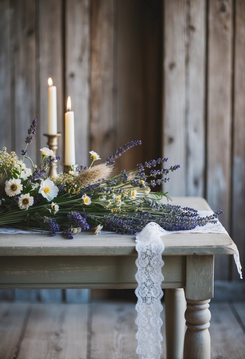 A weathered wooden table adorned with wildflowers, dried lavender, and lace ribbon, set against a backdrop of aged barn wood and soft candlelight