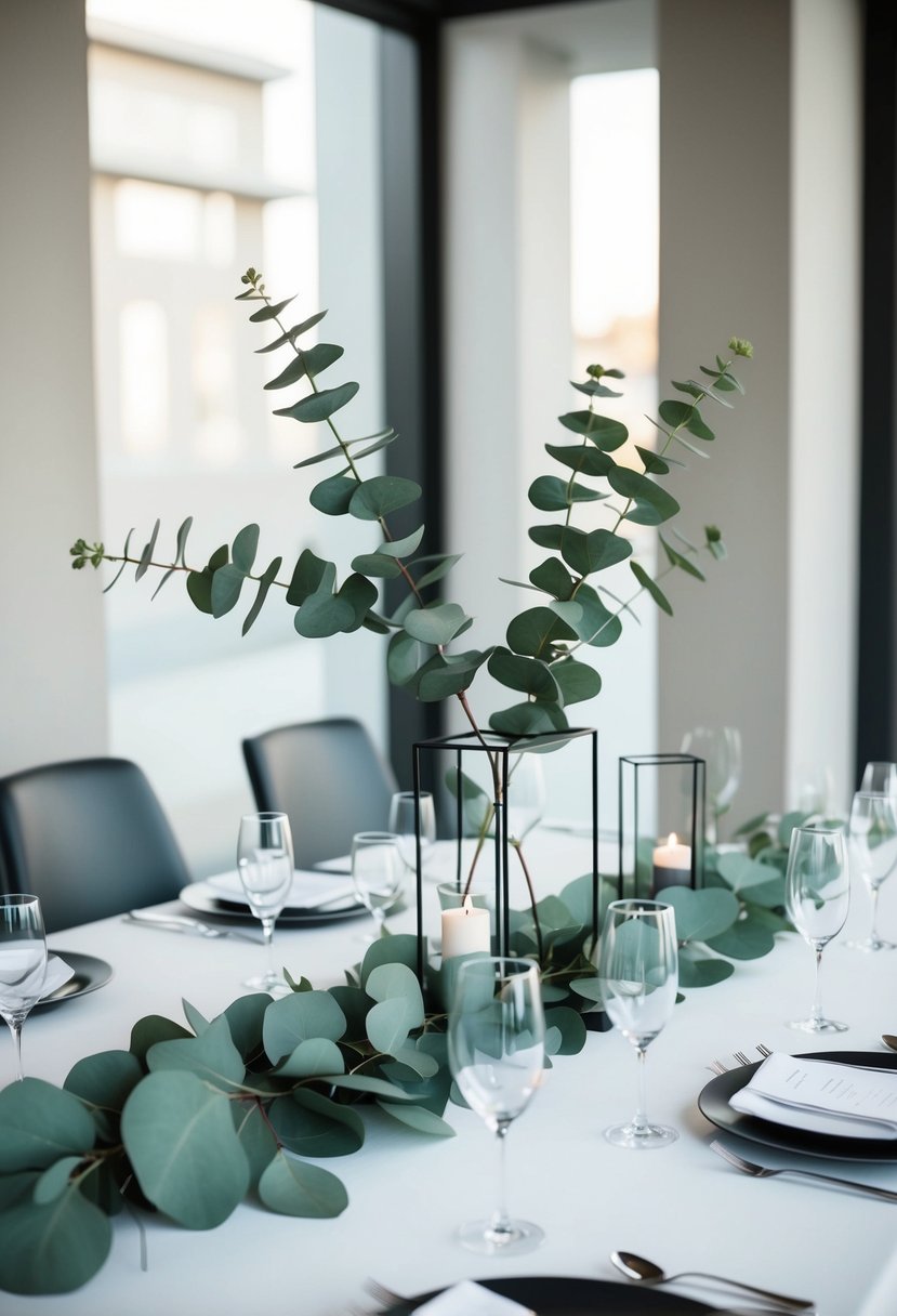 A modern geometric eucalyptus tablescape with sleek, minimalist eucalyptus wedding table decorations