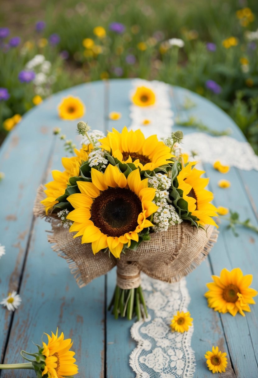 A sunflower and burlap charm wedding bouquet sits on a weathered wooden table, surrounded by scattered wildflowers and vintage lace