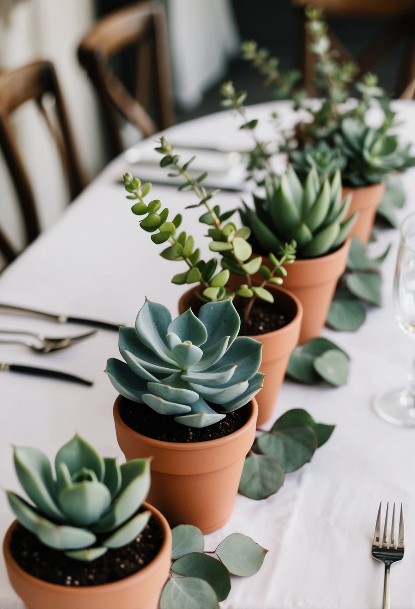 Eucalyptus and succulents arranged in small pots on a wedding table