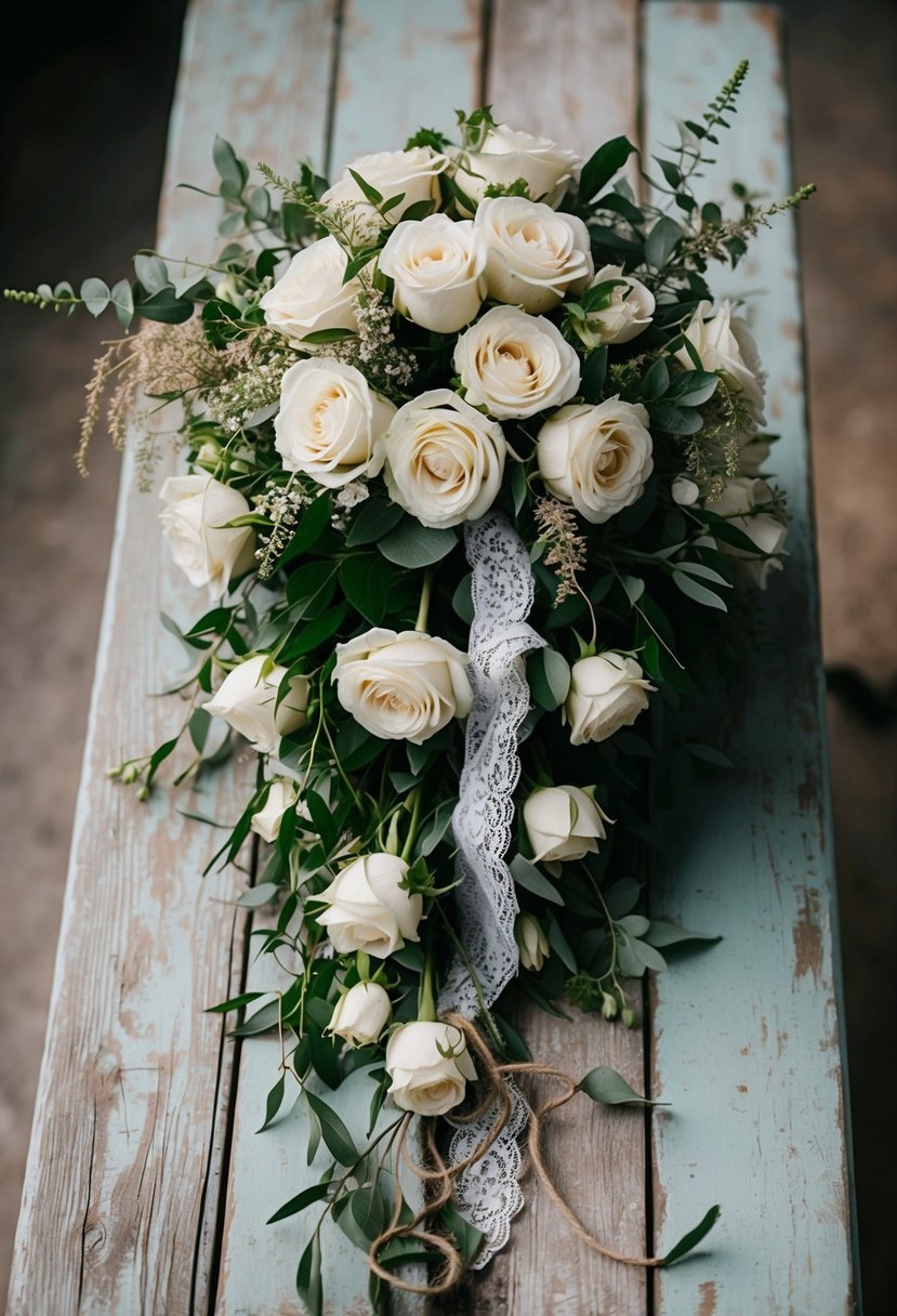 A cascading bouquet of ivory roses and rustic greenery, tied with lace and twine, sits on a weathered wooden table