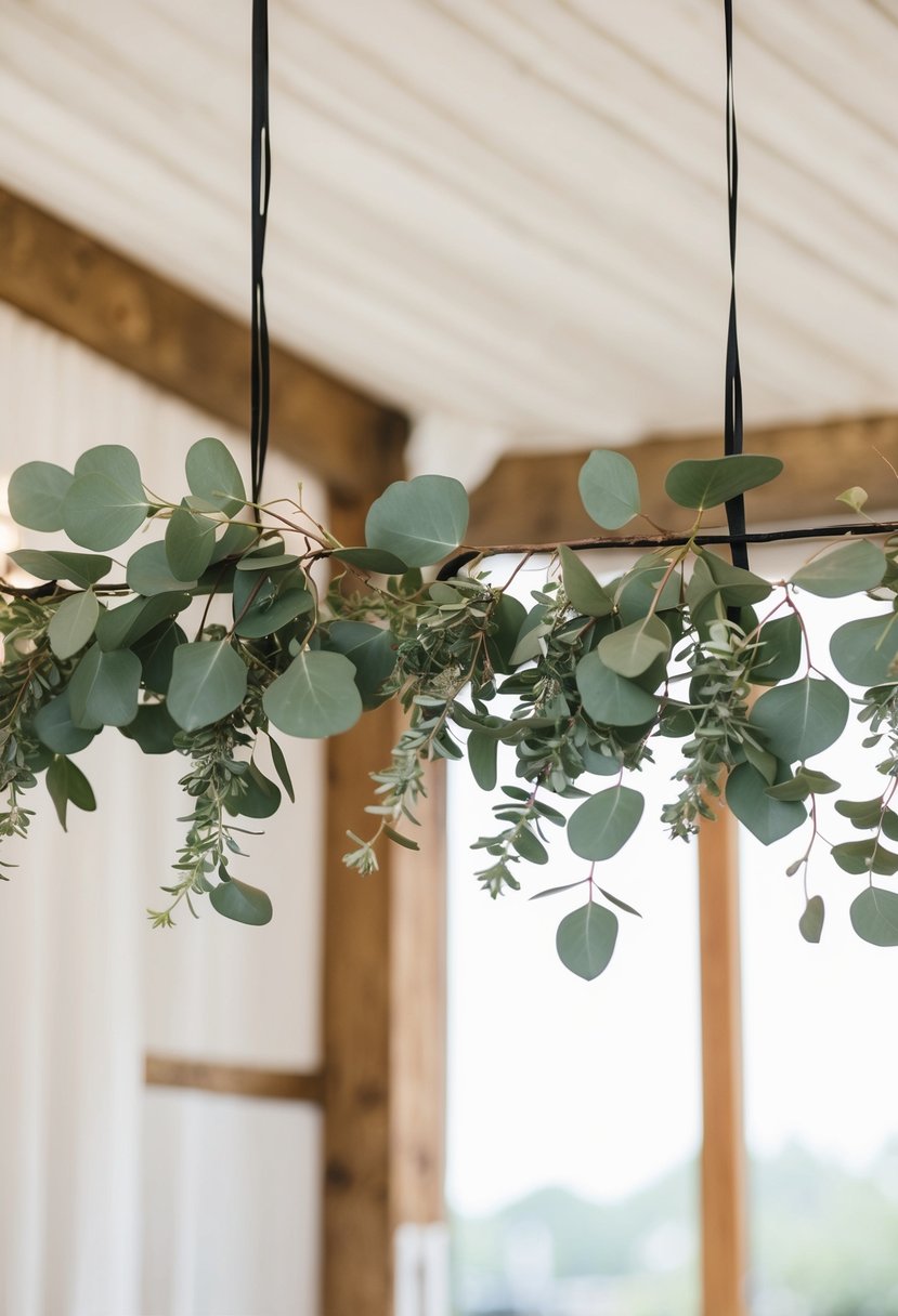 Eucalyptus sprigs hang above tables in a wedding setting