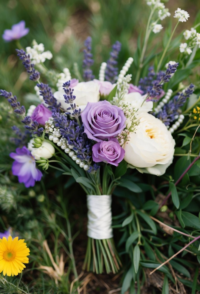 A vintage rustic wedding bouquet featuring lavender and pearl accents, surrounded by wildflowers and greenery