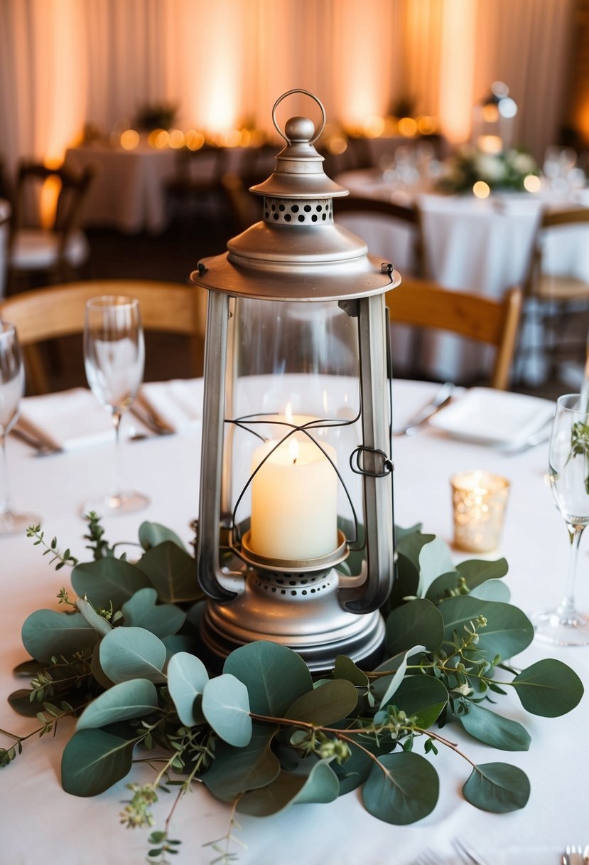 A wedding reception table displays a vintage lantern centerpiece adorned with eucalyptus leaves, adding a touch of natural elegance to the decor