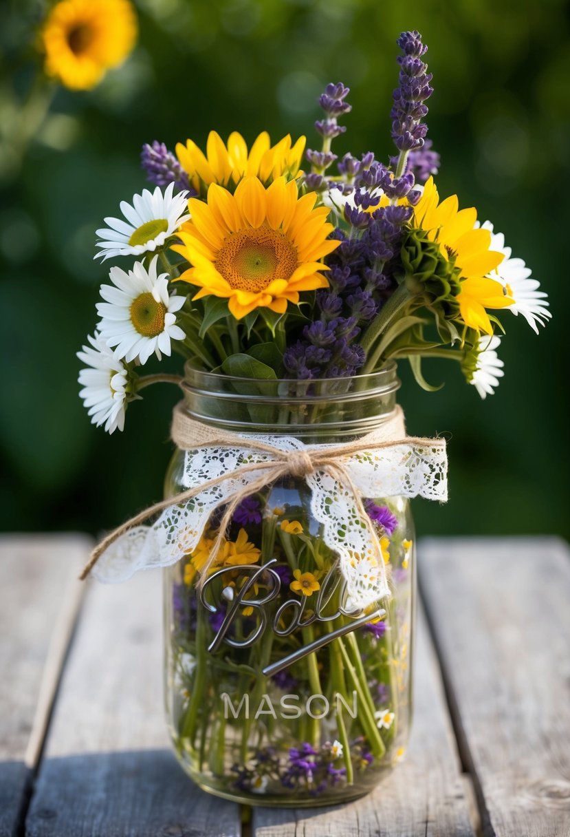 A mason jar filled with a mix of wildflowers, including daisies, sunflowers, and lavender, tied with a burlap ribbon and lace