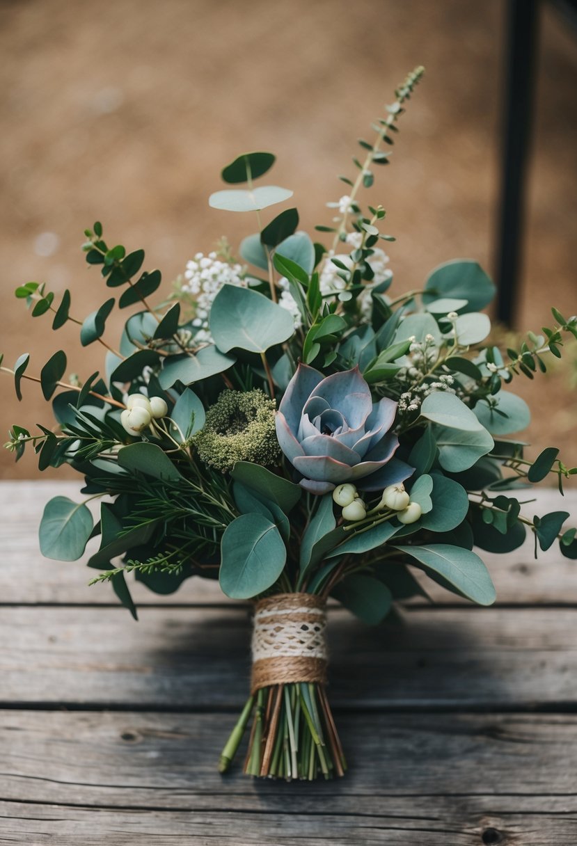 A rustic wedding bouquet featuring eucalyptus greenery and vintage elements, arranged in a natural, organic style