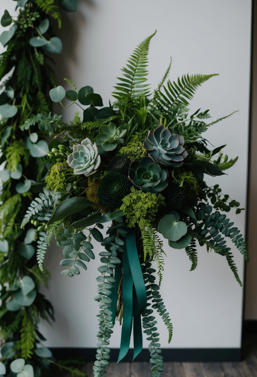 A lush, dark green wedding bouquet with cascading ferns and eucalyptus, accented with deep green succulents and moss