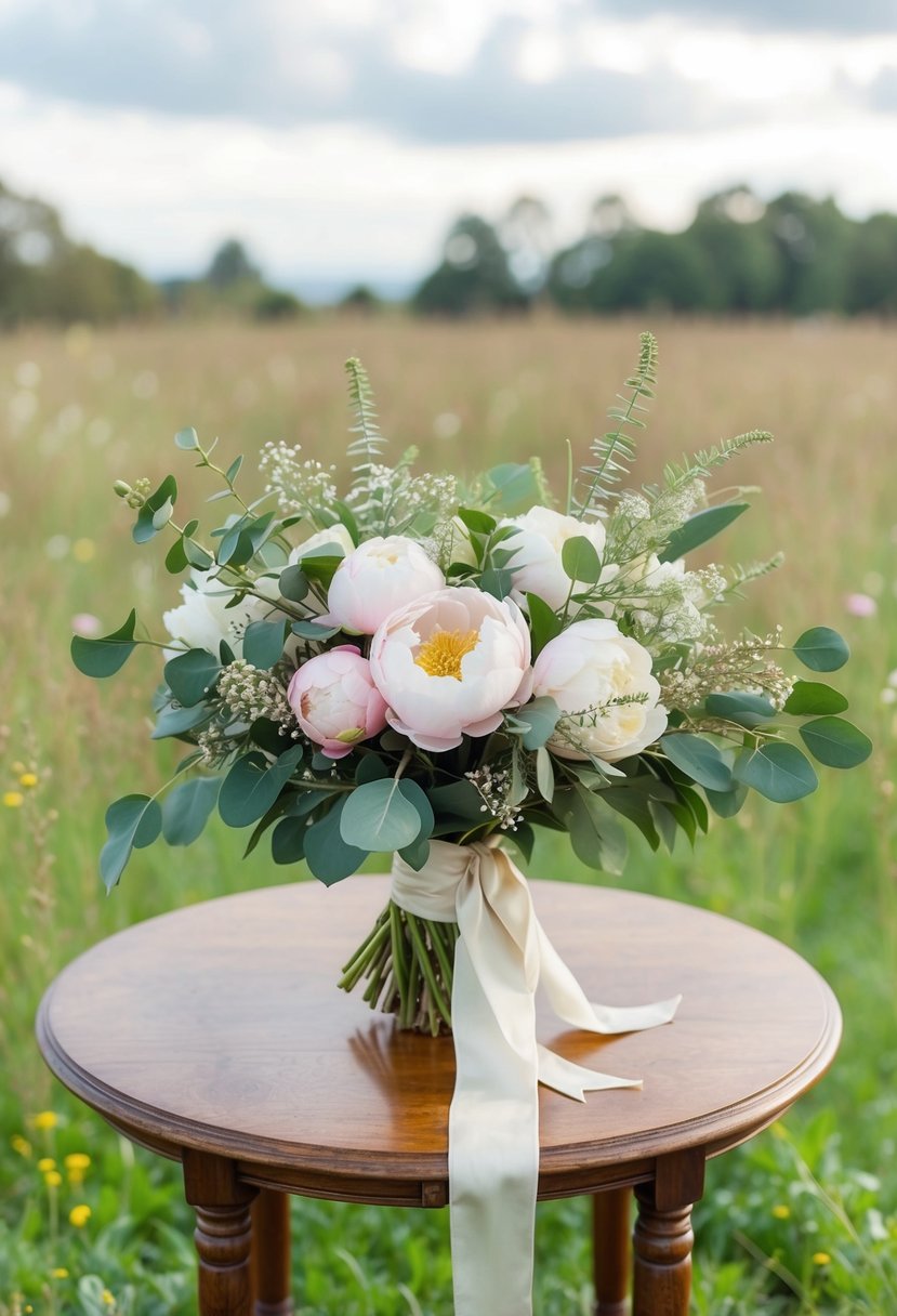 A vintage wooden table adorned with a lush bouquet of peonies, eucalyptus, and delicate wildflowers, tied with a flowing silk ribbon