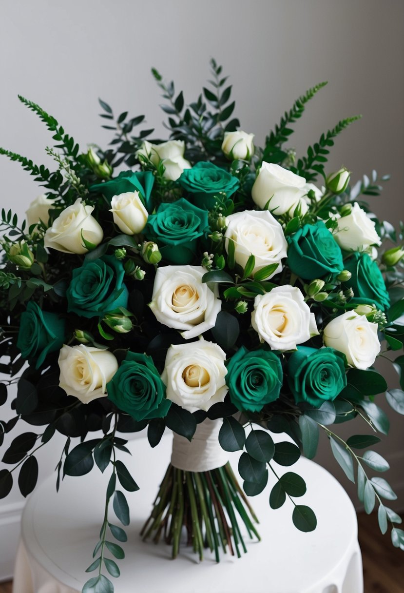 A lush bouquet of emerald green and white roses, accented with dark green foliage, arranged in a cascading style