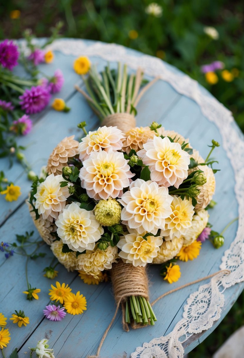 A bouquet of jute-wrapped dahlias, tied with twine, rests on a weathered wooden table, surrounded by scattered wildflowers and vintage lace