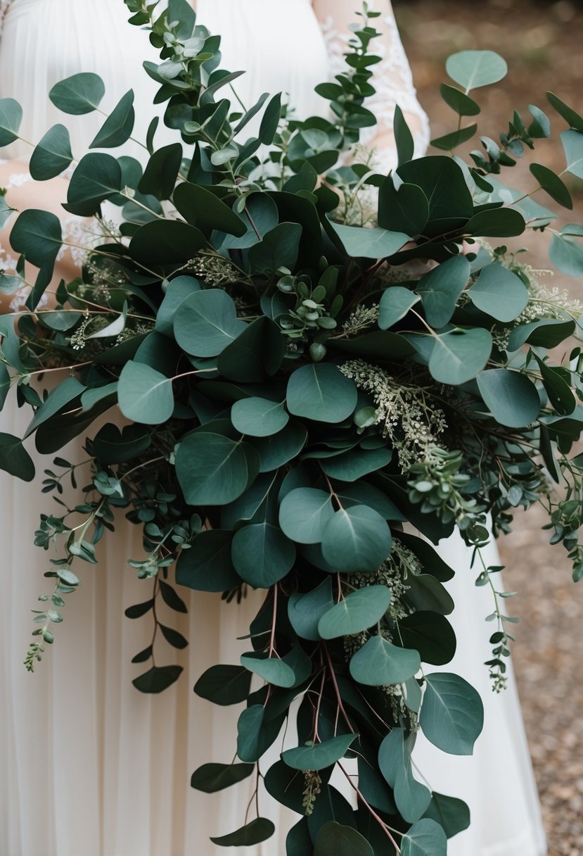 A lush, cascading bouquet of dark green eucalyptus leaves with hints of lighter green foliage, creating a rich and elegant wedding bouquet