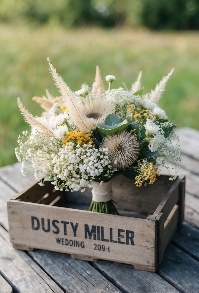 A vintage rustic wedding bouquet featuring dusty miller, baby's breath, and wildflowers in a weathered wooden crate