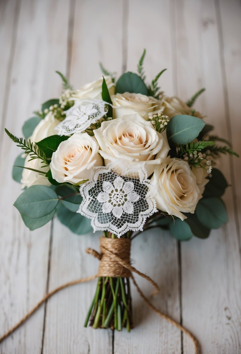 A rustic wedding bouquet with vintage lace roses, tied with twine