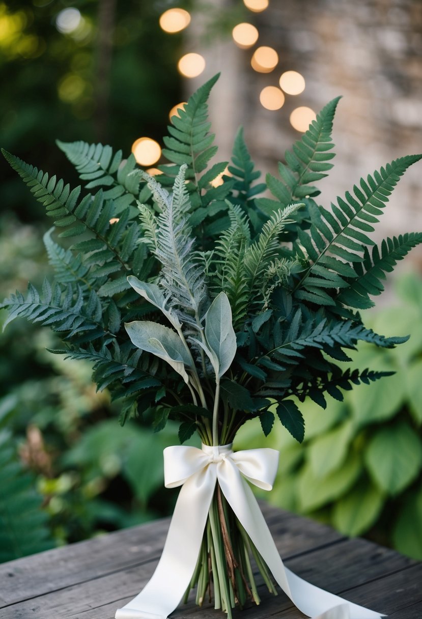 A lush bouquet of dark green ferns and sage leaves, tied with a flowing ribbon