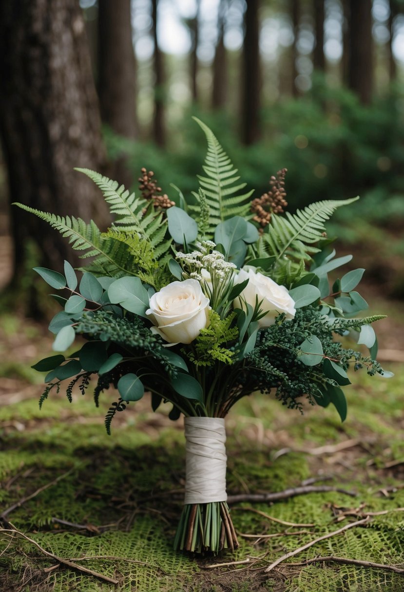 A vintage rustic wedding bouquet with ferns and woodland foliage arranged in a natural, organic style