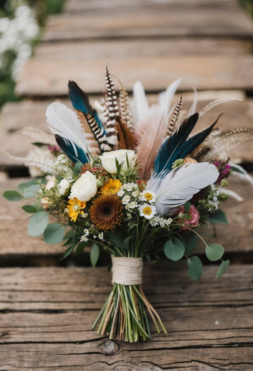 A vintage rustic wedding bouquet with boho chic feathers and wildflowers