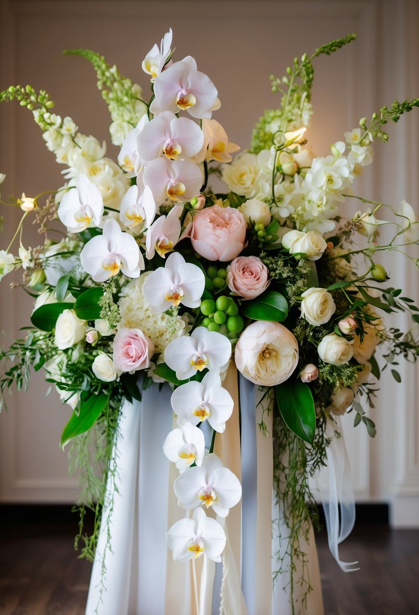 An opulent wedding bouquet featuring cascading orchids, roses, and peonies, accented with lush greenery and delicate ribbons