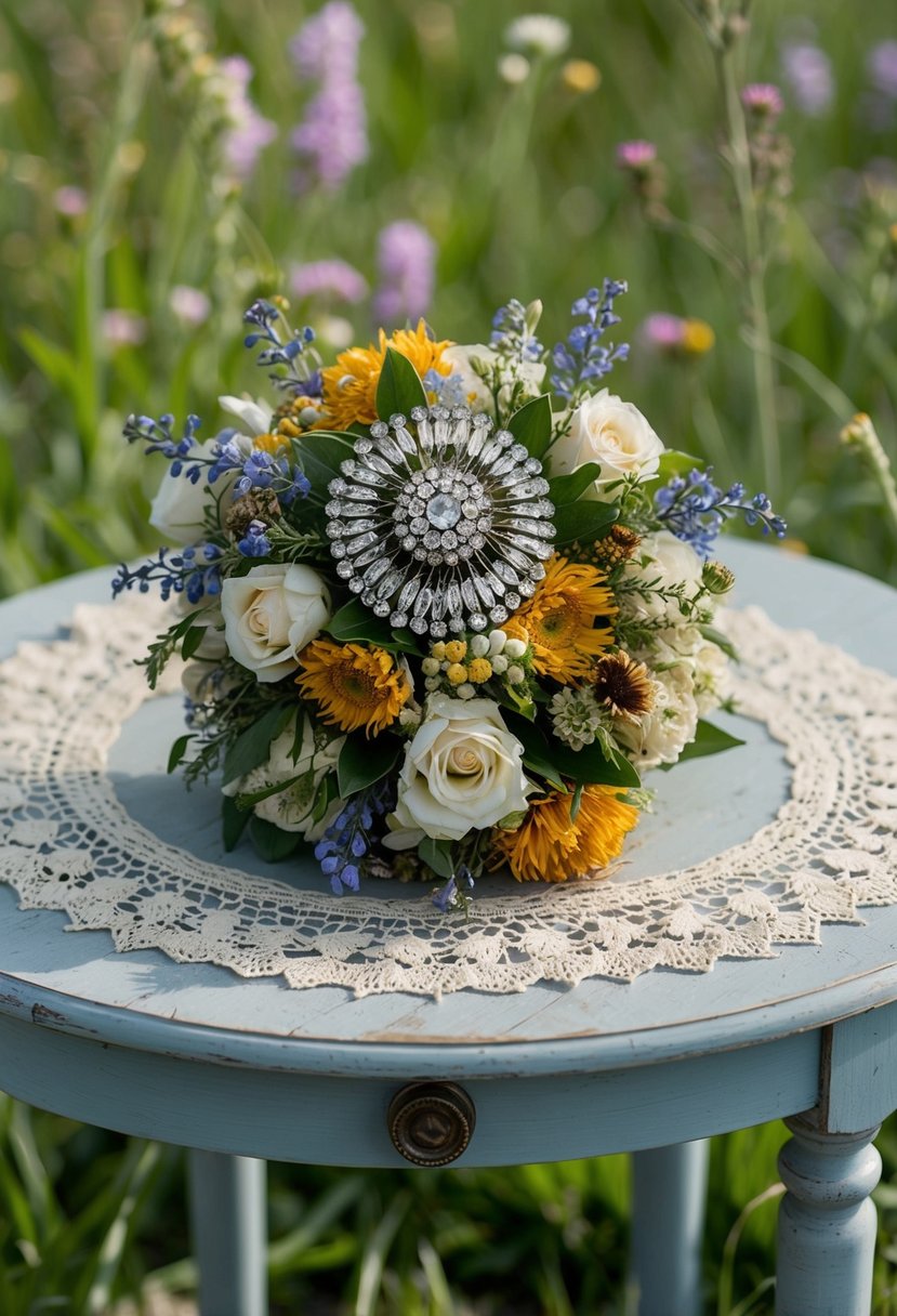 An antique brooch bouquet sits atop a weathered wooden table, surrounded by wildflowers and vintage lace